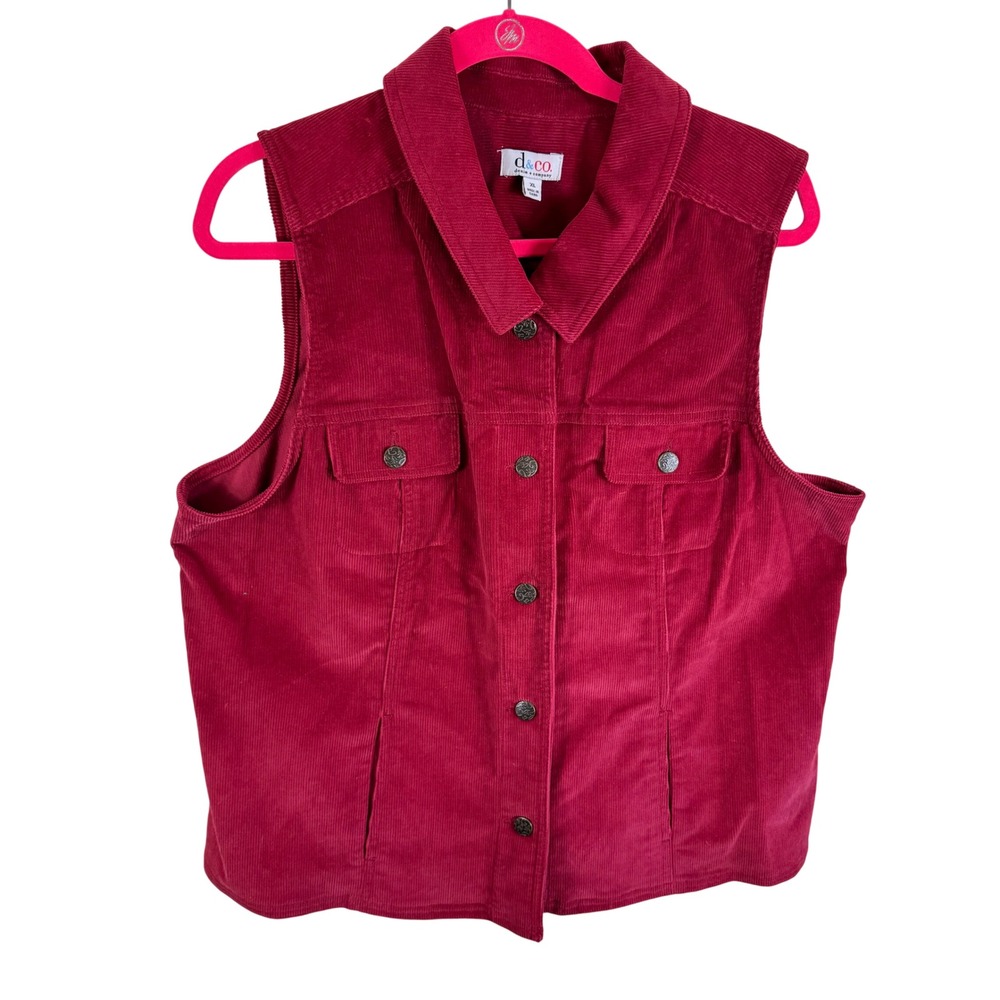 Denim & Co Womens XL Red Corduroy Vest Button Front Collared Utility Pockets